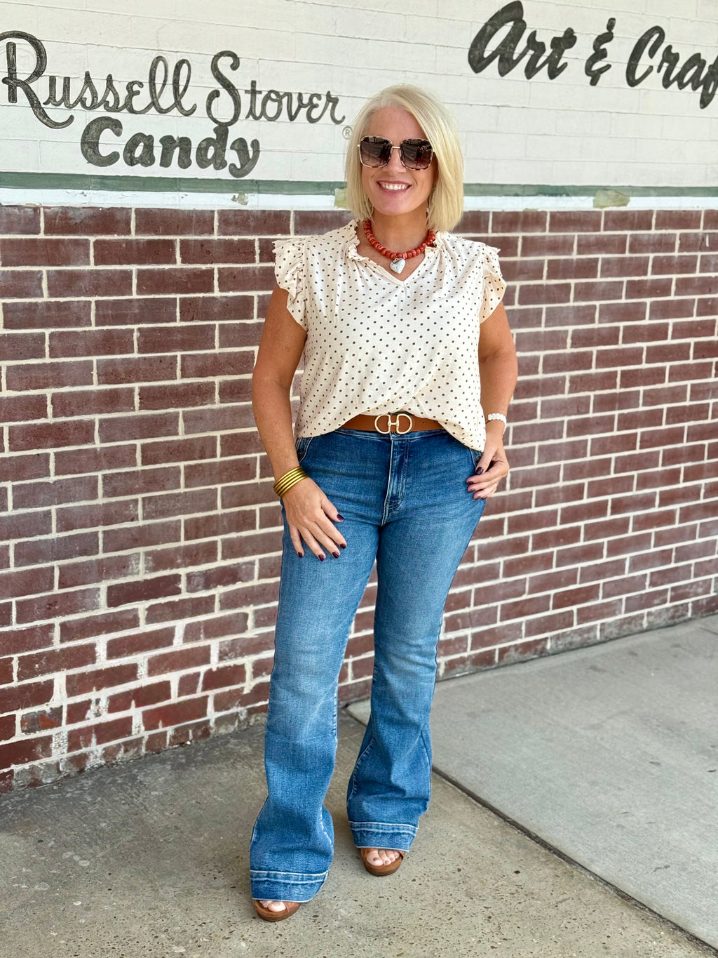 Cream and Brown Ruffle Sleeve Polka Dot Blouse