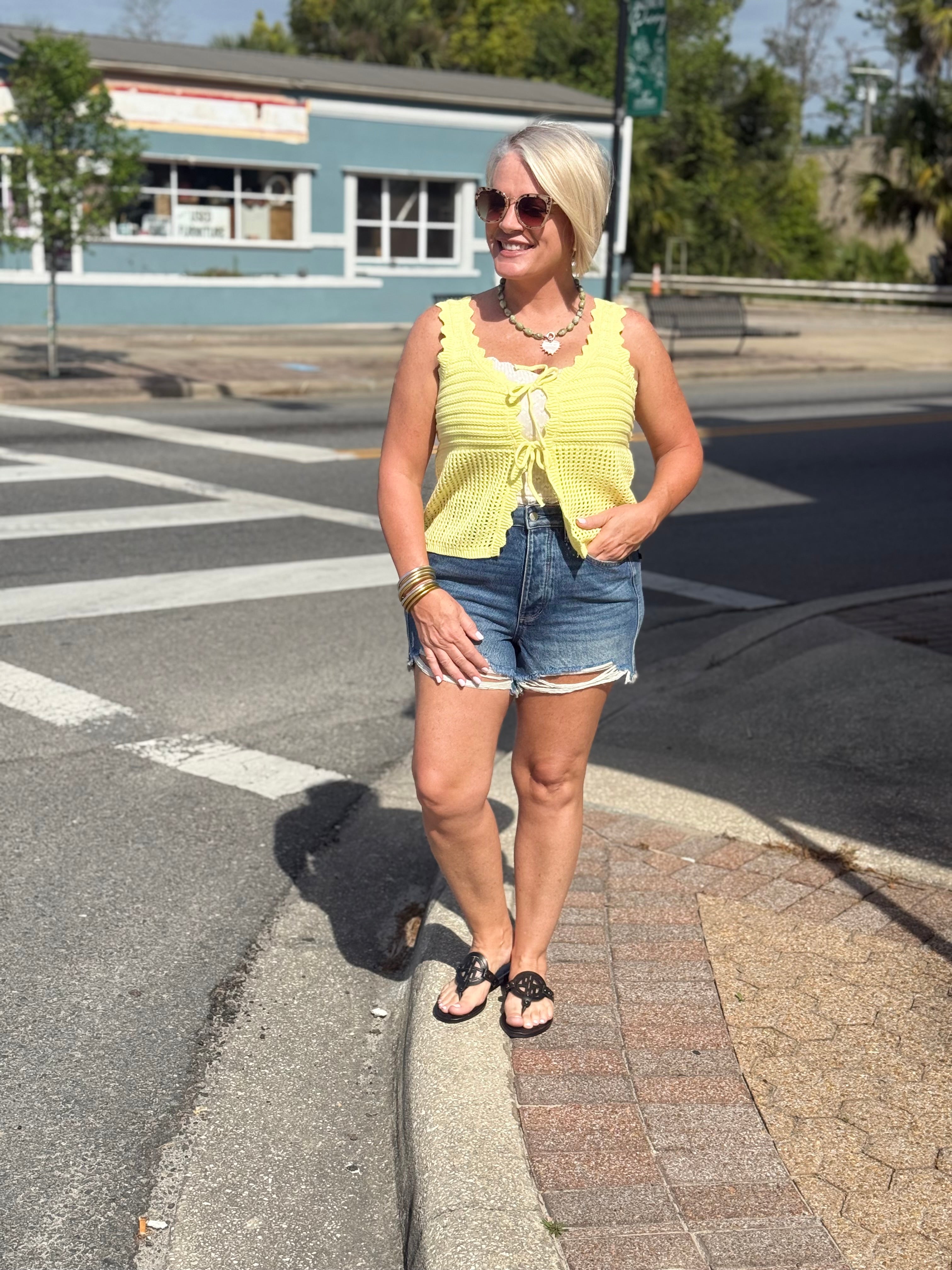 Pale Yellow Sleeveless Open Knit Double Tie-Front Vest