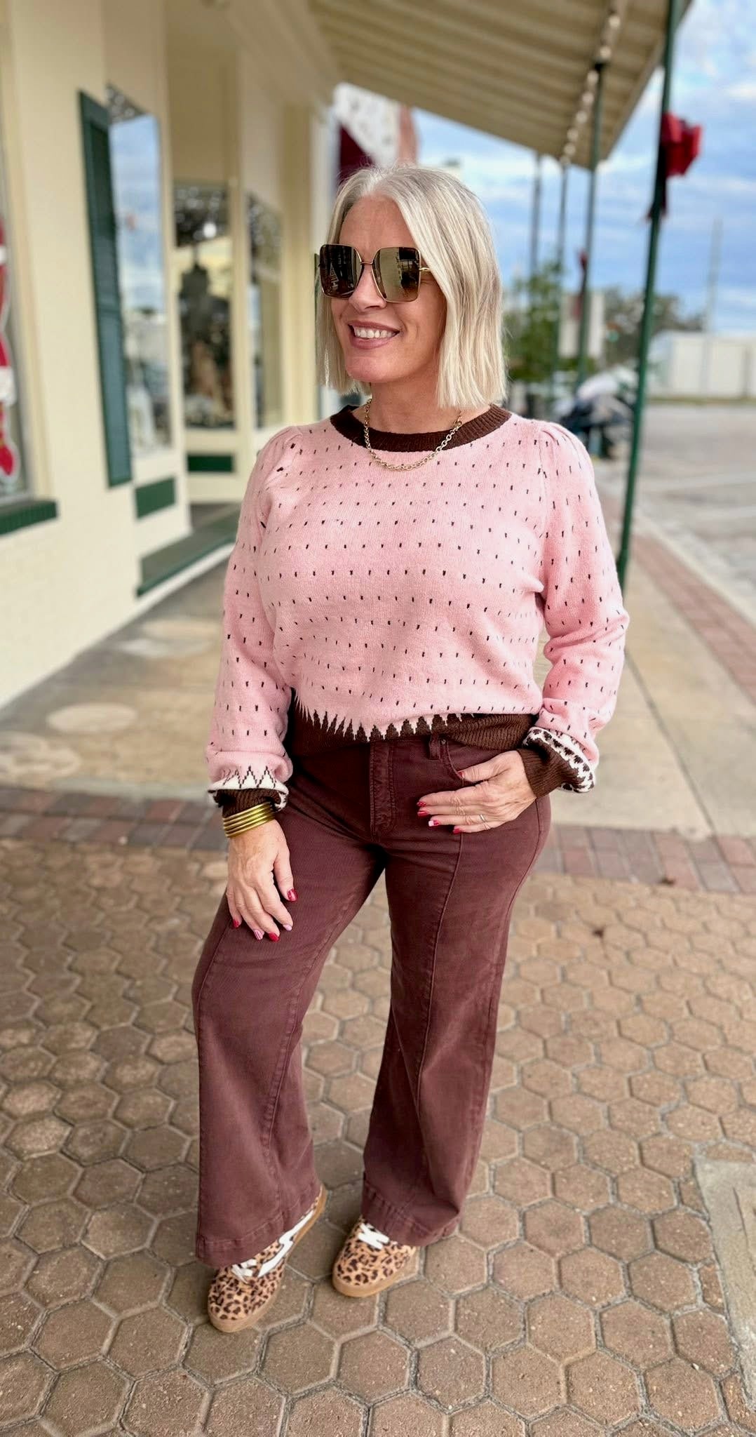 ROSE PINK WITH BROWN GEO PRINT SWEATER