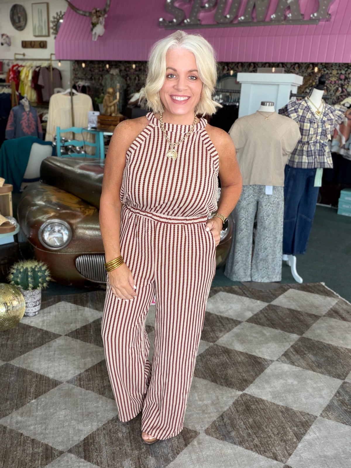 Rust and Beige Stripe textured Jumpsuit