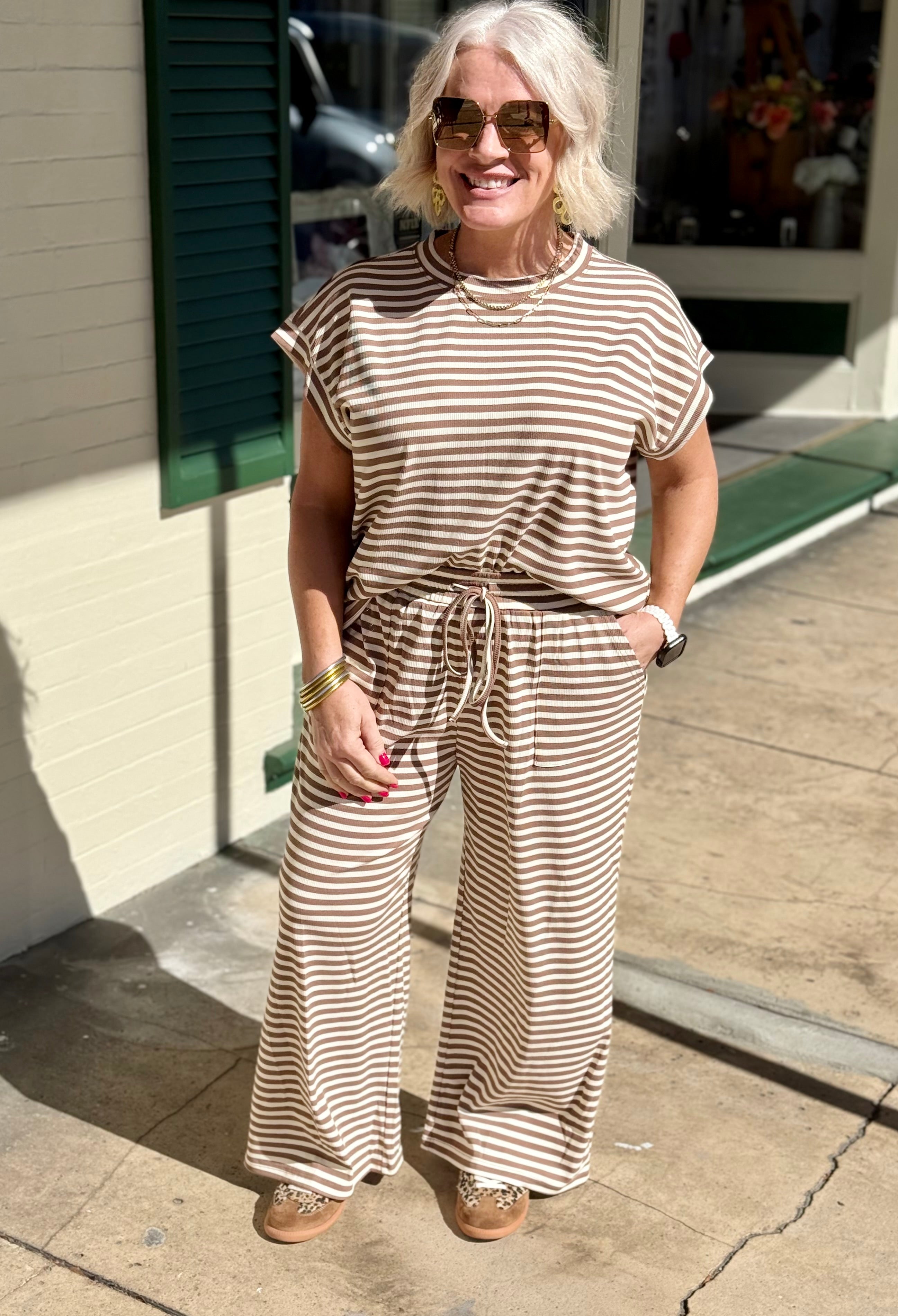 Taupe and Cream Striped Rib Top and Pants Set