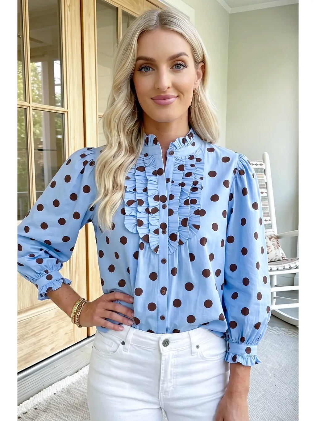 Blue Polka Dot Ruffle Long Sleeve Blouse (S-XL)