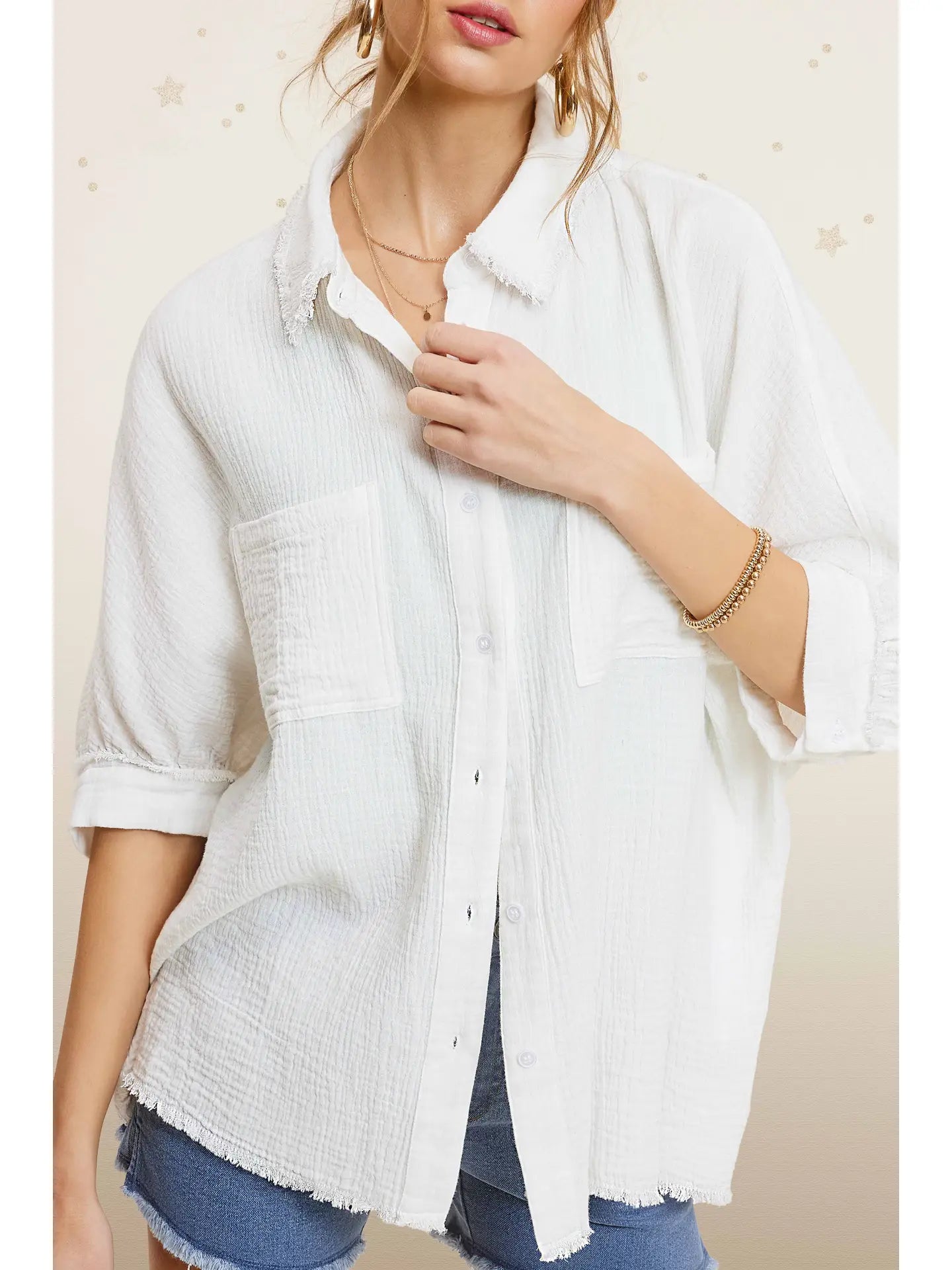 Soft Milk Washed Crinkled Gauze Button Down Shirt
