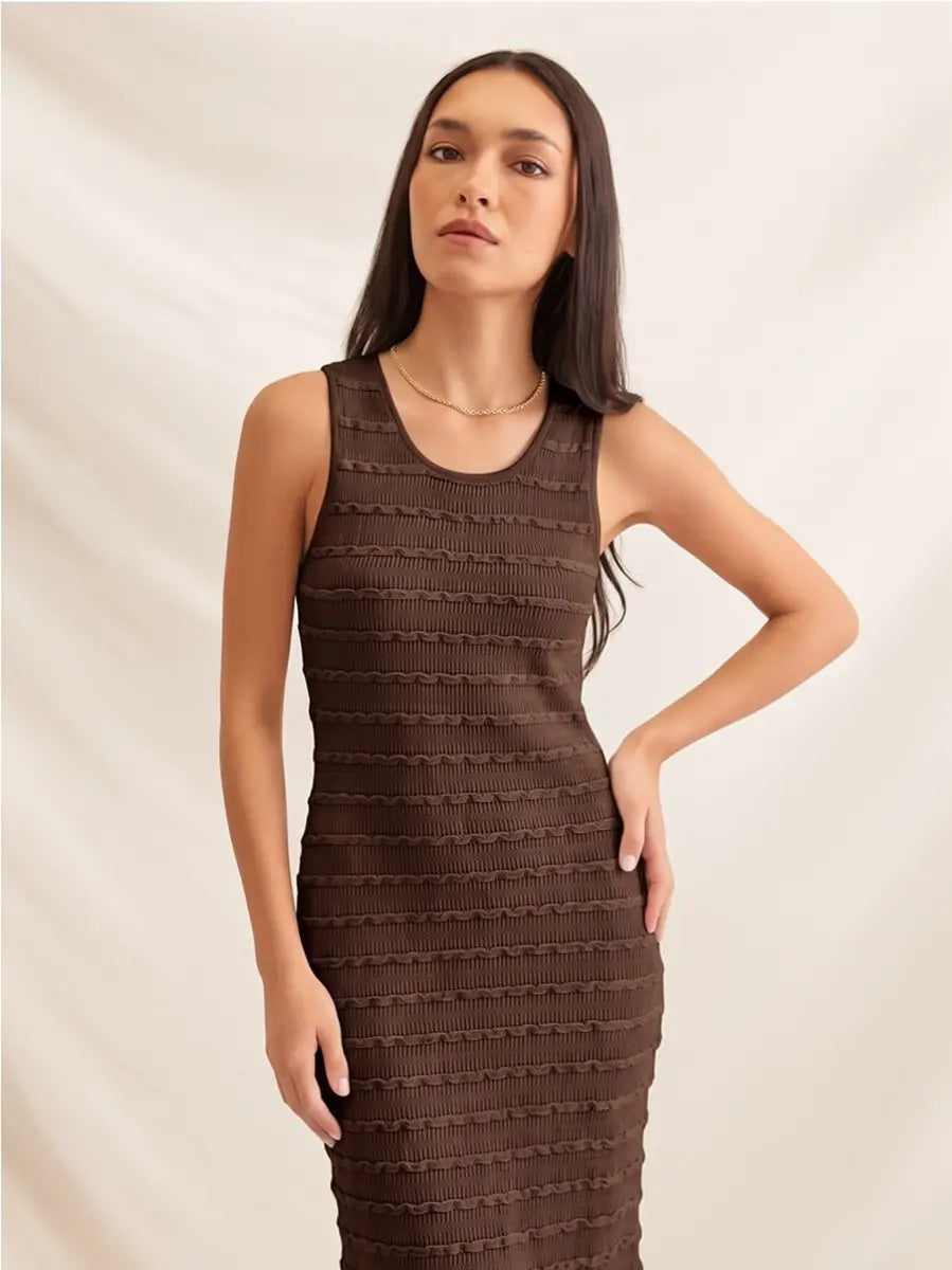 Brown Textured Knit Midi Dress