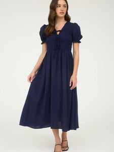 NAVY  Front Tie Smocked Puff Sleeve Midi Dress
