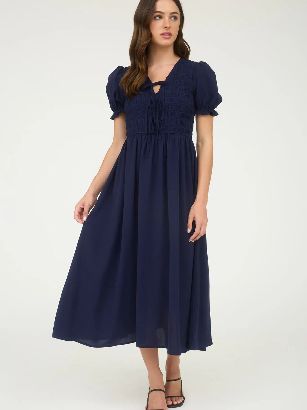 NAVY  Front Tie Smocked Puff Sleeve Midi Dress