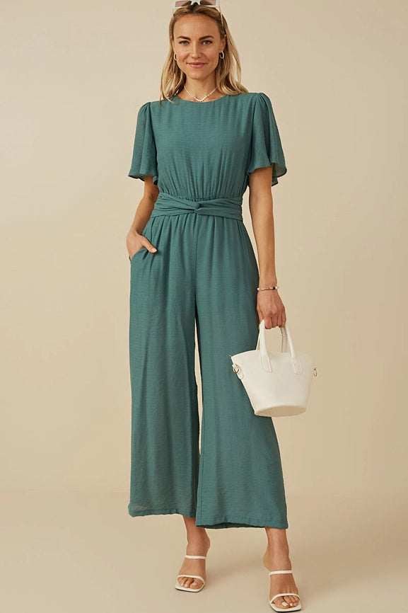 Womens Twist Waist Wide Leg Jumpsuit in Teal