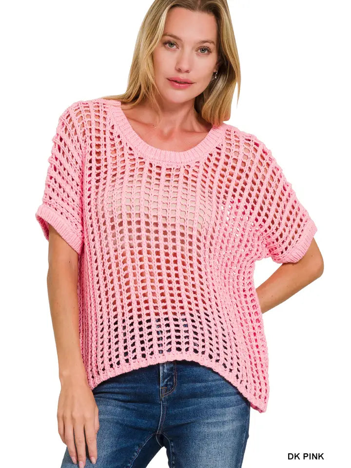Pink Fish Net Short Sleeve Crochet Sweater