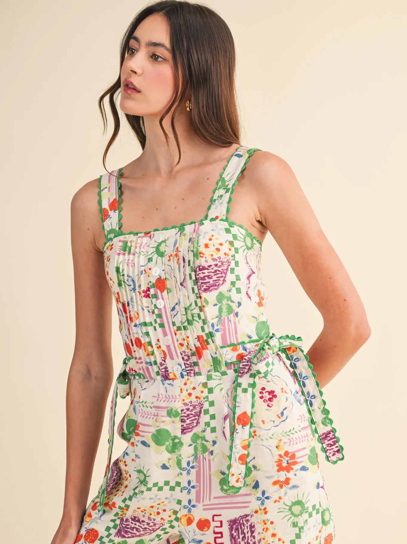 Button Down Pin Tuck Scallop Trim Romper
