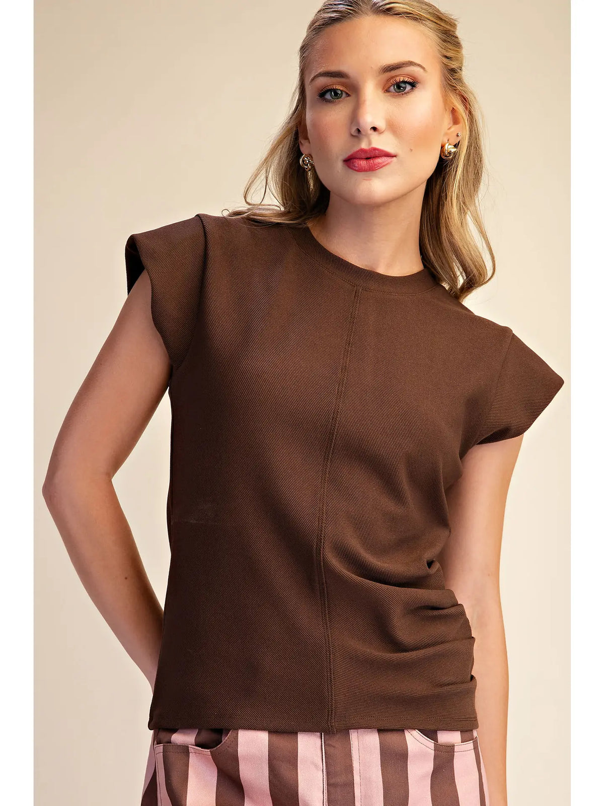 Brown Gathered Knit Top