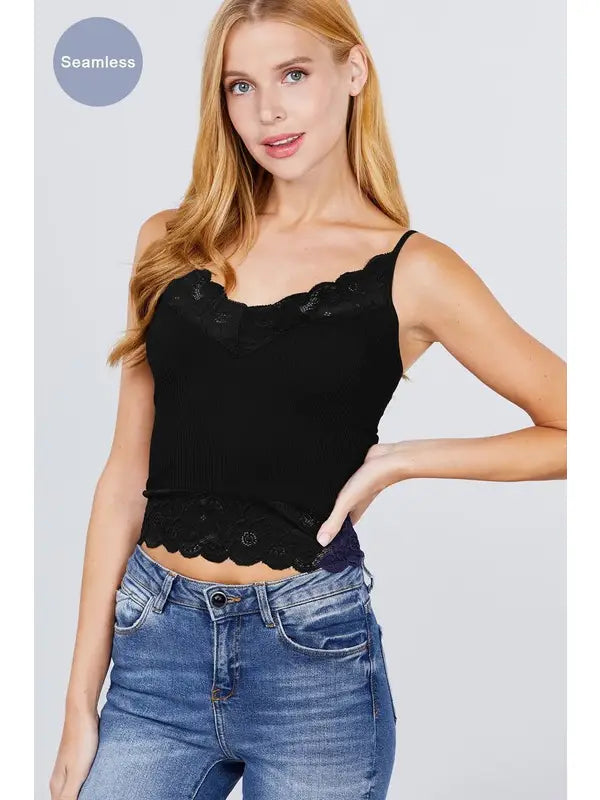 Black V-Neck with Lace Detail Rib Seamless Cami Top