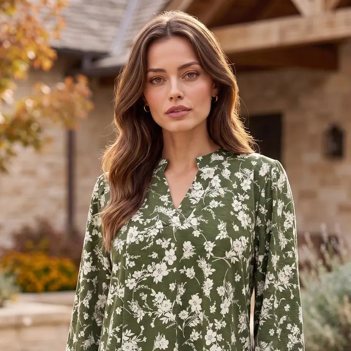 Dark Olive Smocked Sleeve Blouse Top