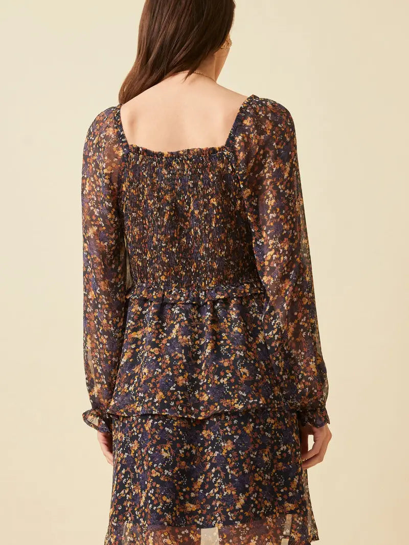 Smocked Square Neck Ditsy Floral Tiered Dress