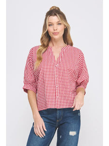 RED Gingham Cotton Blend Blouse
