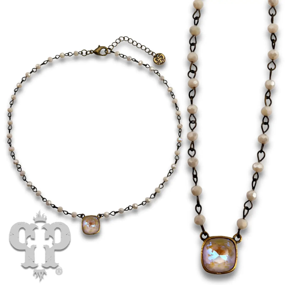 Linked Bead Necklace with Square Crystal from Swarovski® 12mm by pink panache
