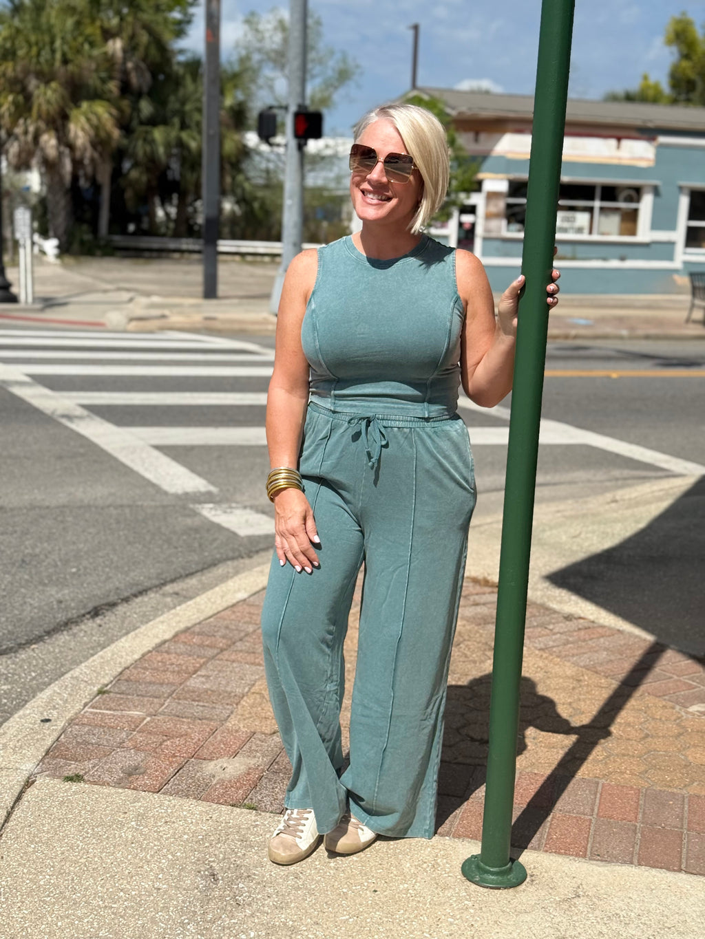 Dark Teal Mineral Washed Sleeveless Top & Wide Leg Pants Set