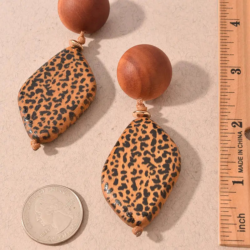 Leopard Print Wood Beaded Statement Drop Earrings