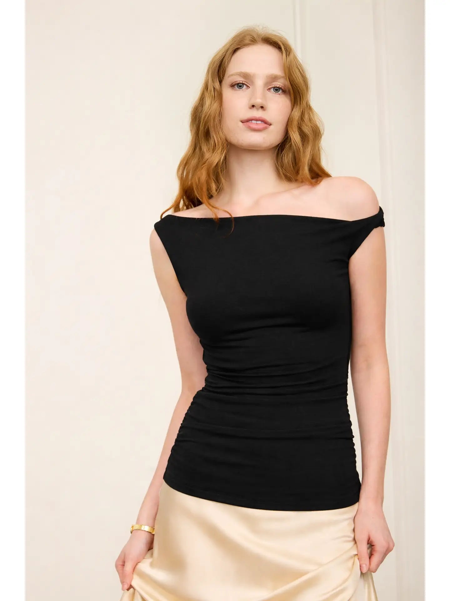 Black Off Shoulder Twist Detail Ruched Knit Top