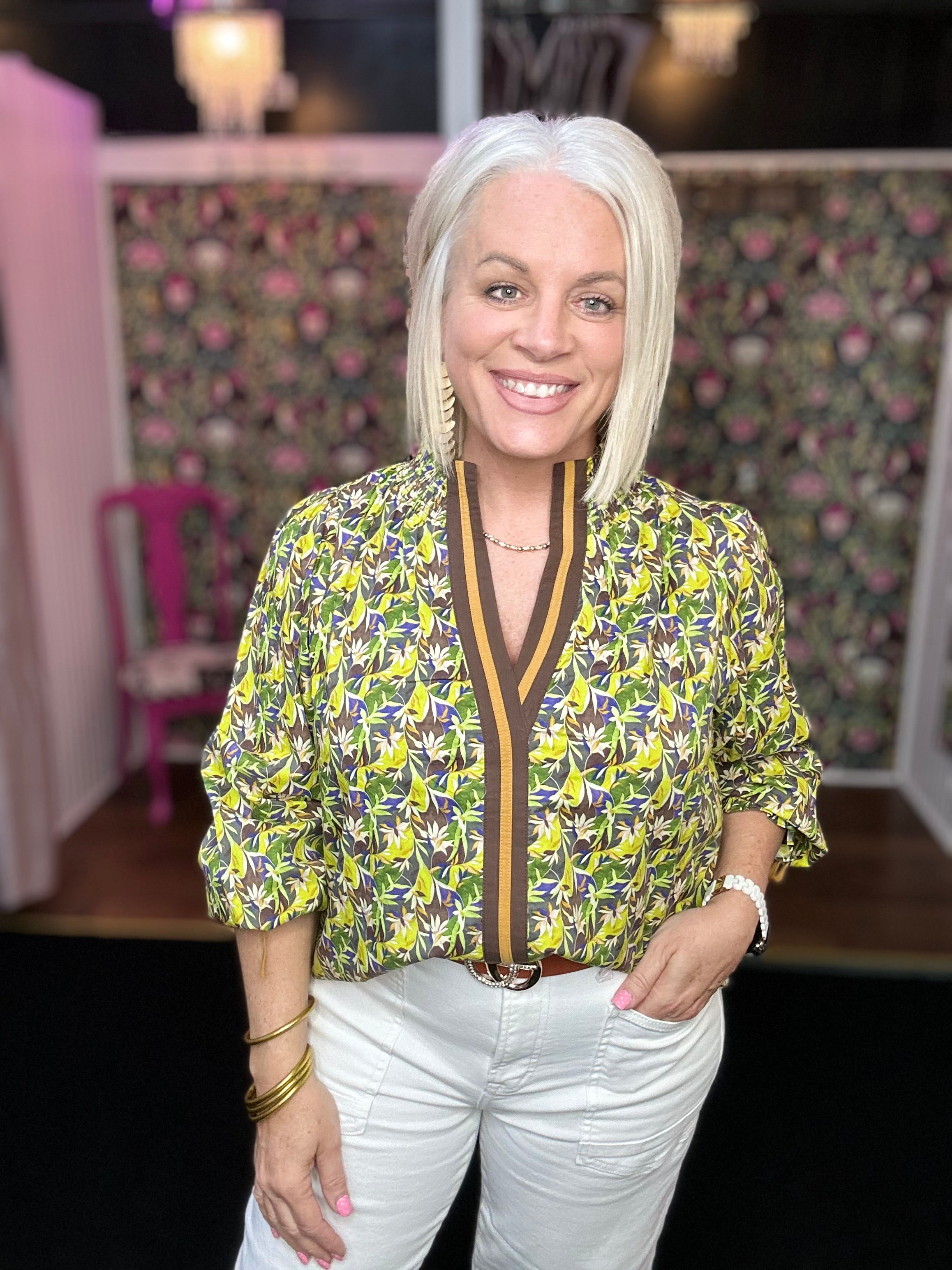 Green Multi Contrast Neckline Smocked Puff Sleeve Top