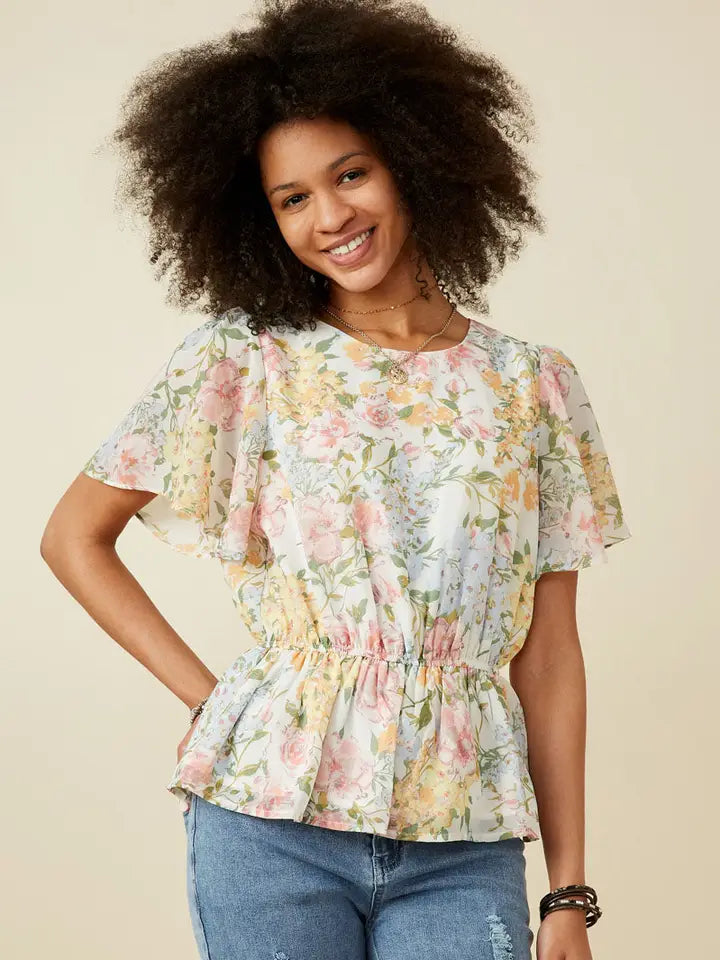 Off-White Soft Floral Flutter Sleeve Baby Doll Top