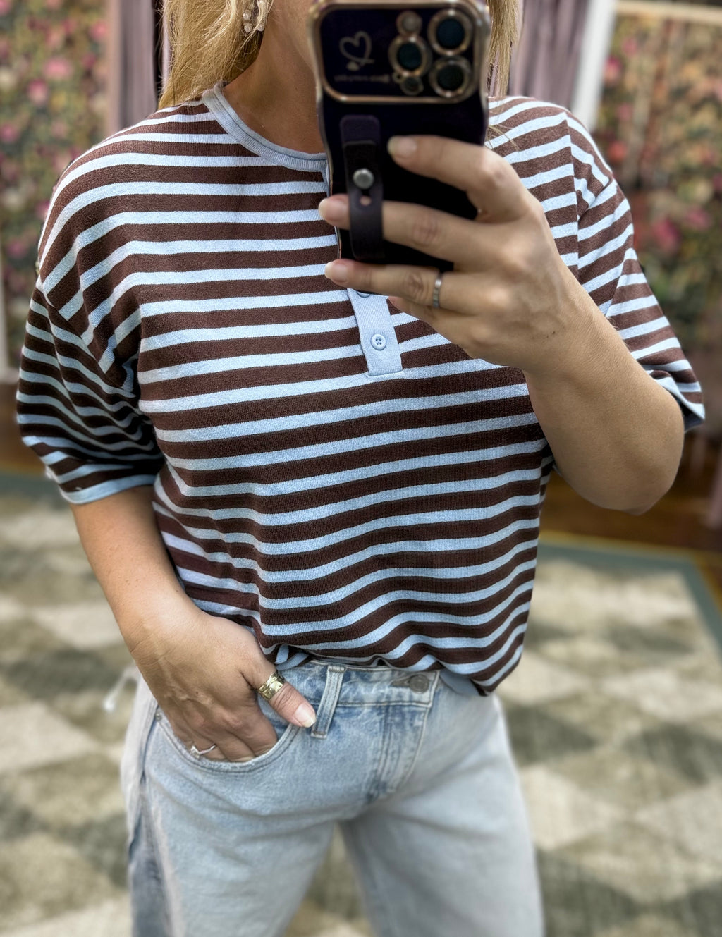Brown and Blue Stripe Lightweight Sweater Top