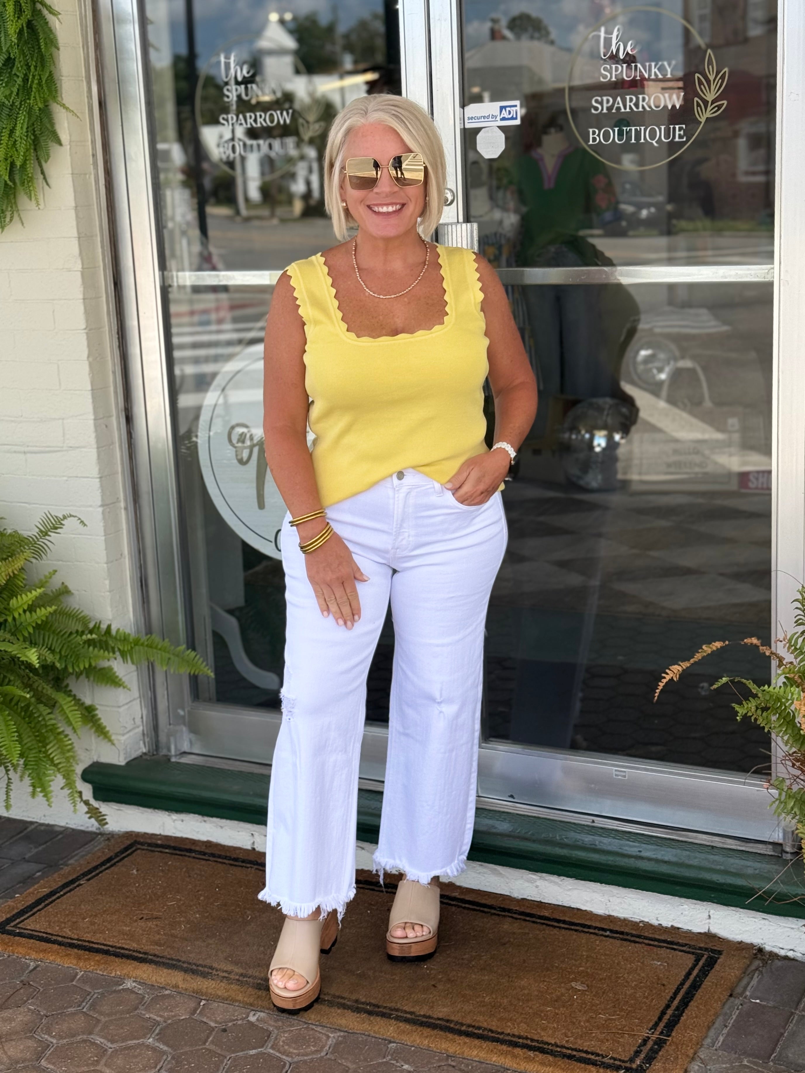 Yellow Scallop Edge Embellished Rib Knit Tank Top