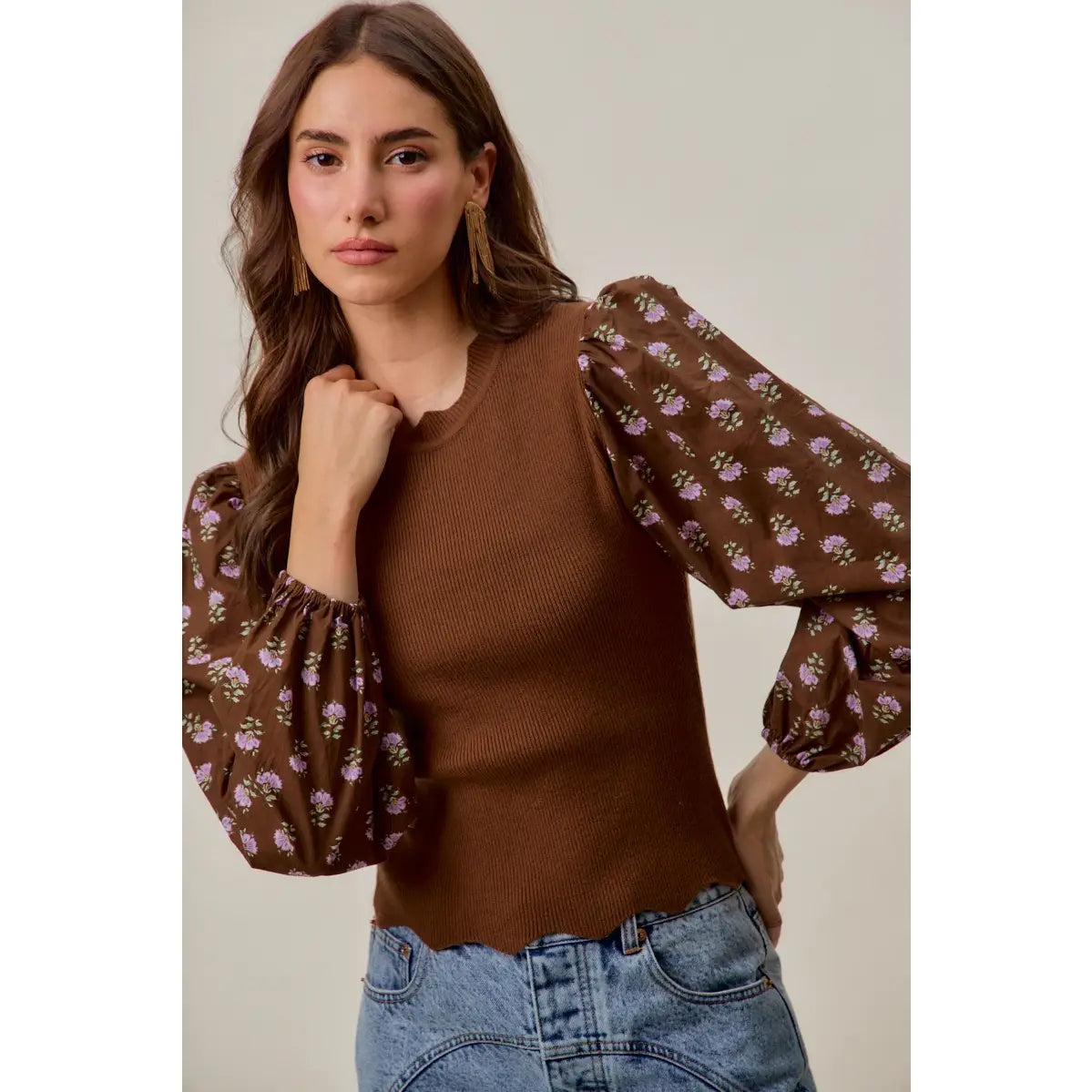 Brown Scalloped Sweater Knit Top with Floral Sleeves