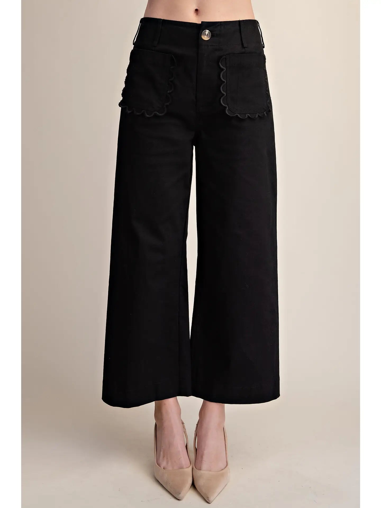 Black Cropped Scallop Pocket Detail Wide-Leg Pants