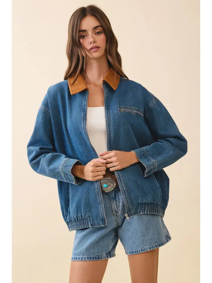 Contrast Corduroy Collar Denim Zip Up Jacket