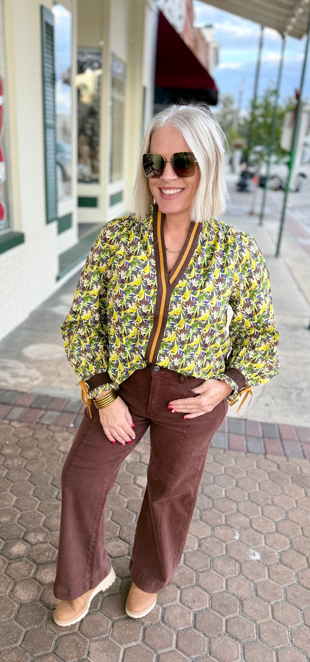 Green Multi Contrast Neckline Smocked Puff Sleeve Top