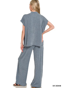 Ribbed Short Sleeve 2PC Pants  Set in dark denim blue