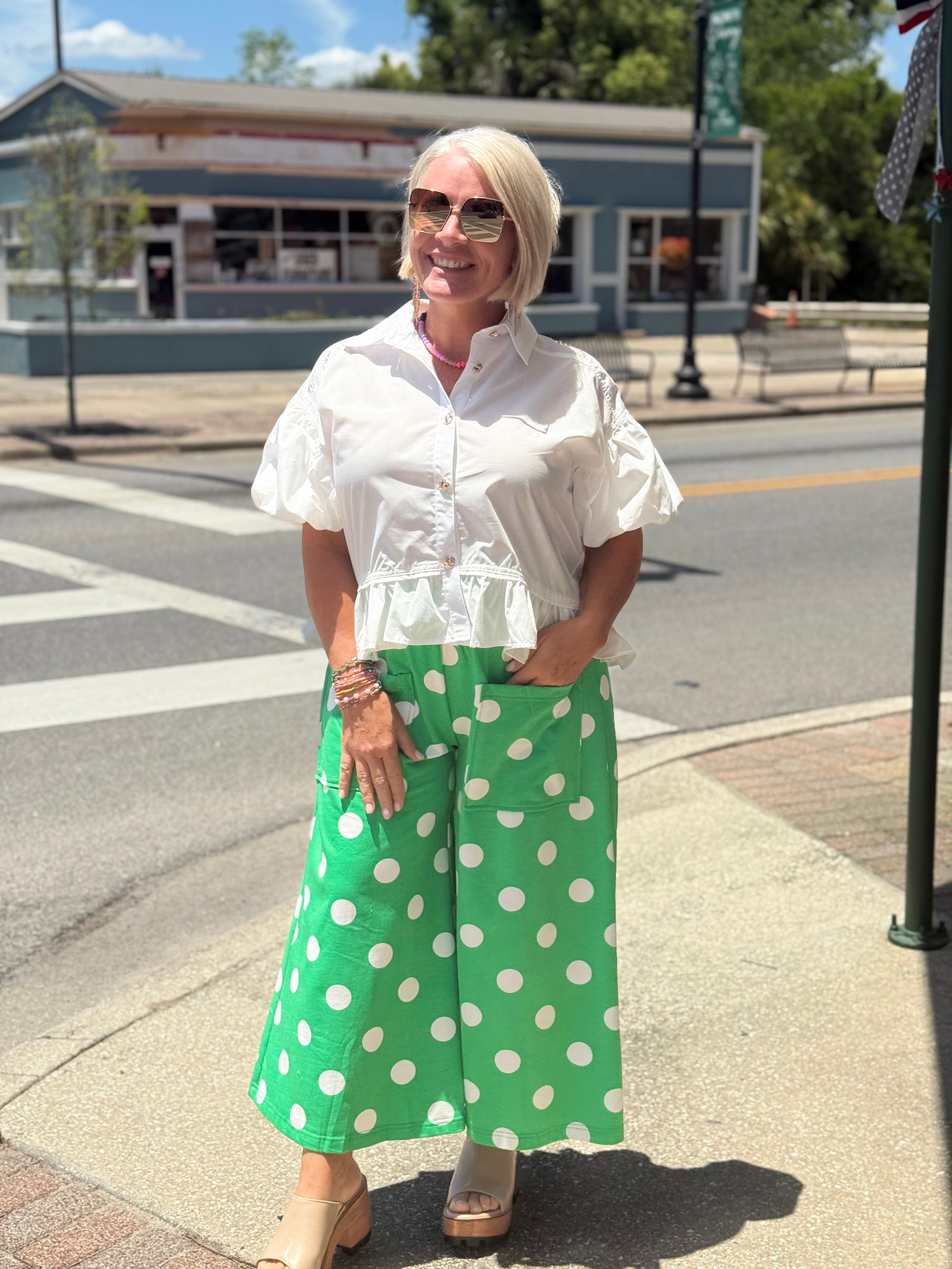 Green Polka Dot Pull-On Pants