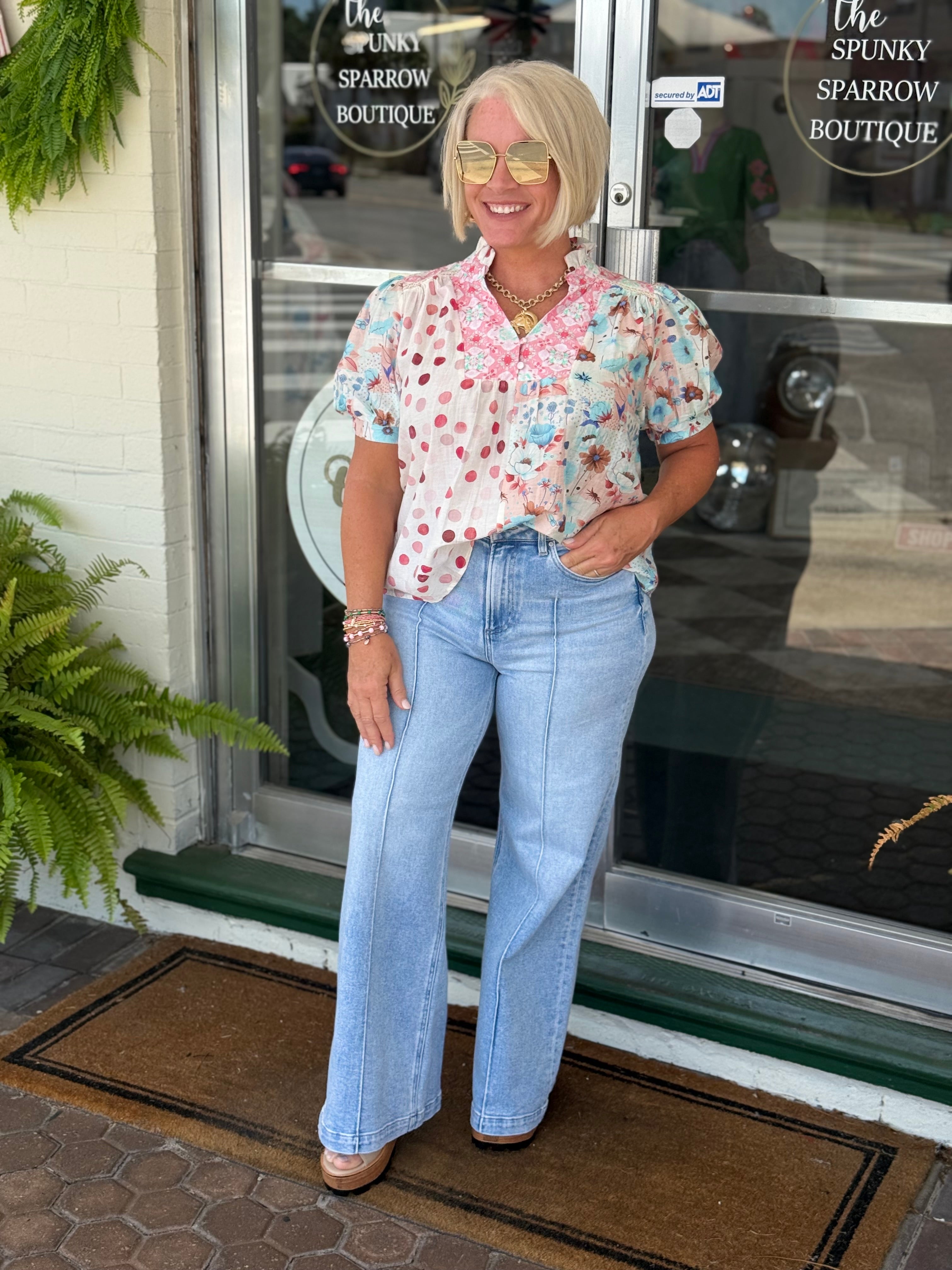 Coral Mixed Print Half Button Blouse