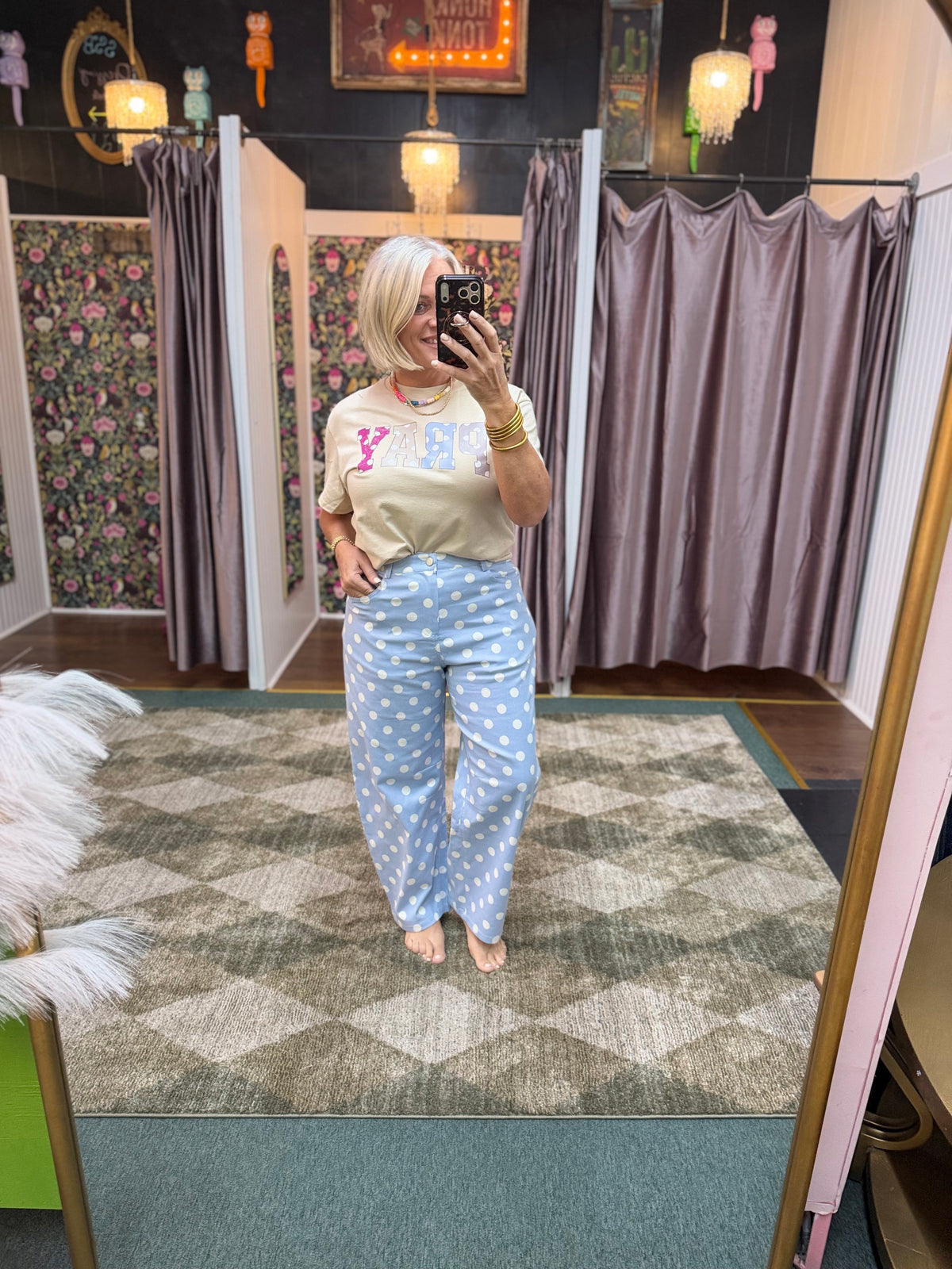 Chambray and White Polka Dot High Rise Straight Leg Pants