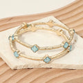 2PCS - Quatrefoil Stone Accent Hammered Metal Multi Layered Bangle Bracelets