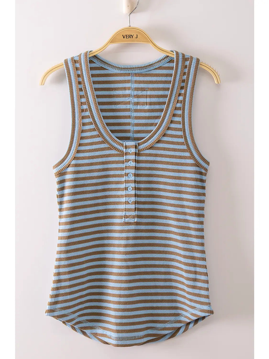 Sky Mocha Striped & Solid Button Down Fitted Knit Tank Top