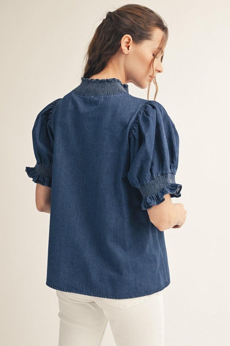 Contrast Detail puff sleeve Denim Top