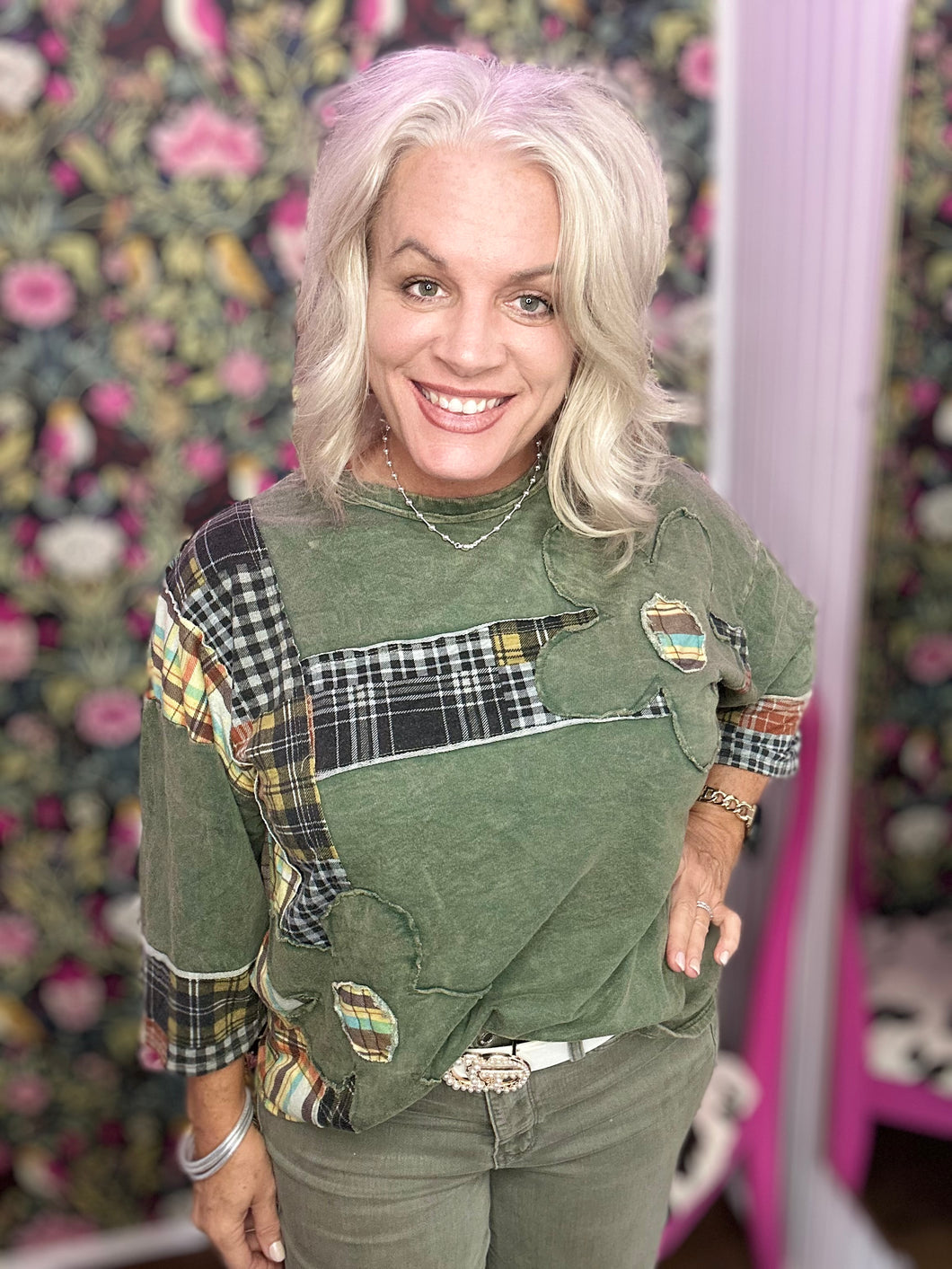 Olive patchwork Mineral Washed Plaid Daisy Top