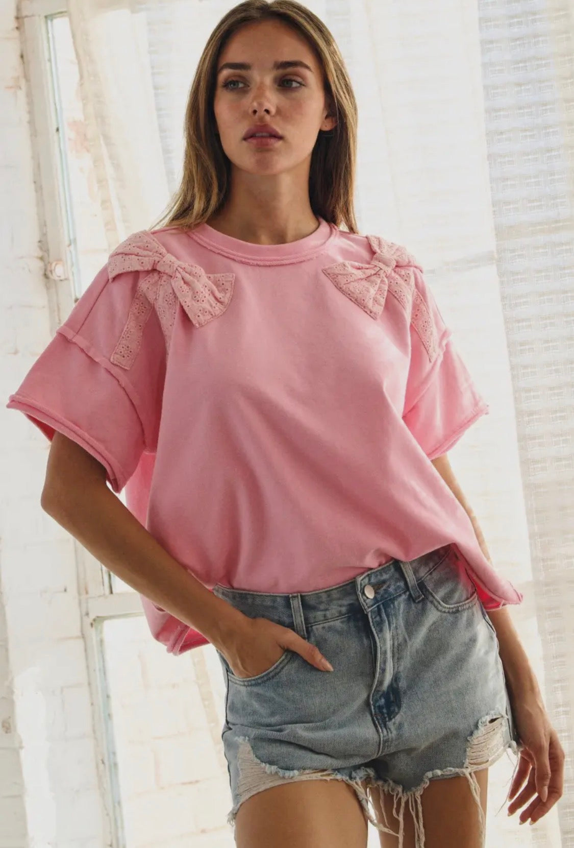 Washed pink French terry bow top ￼