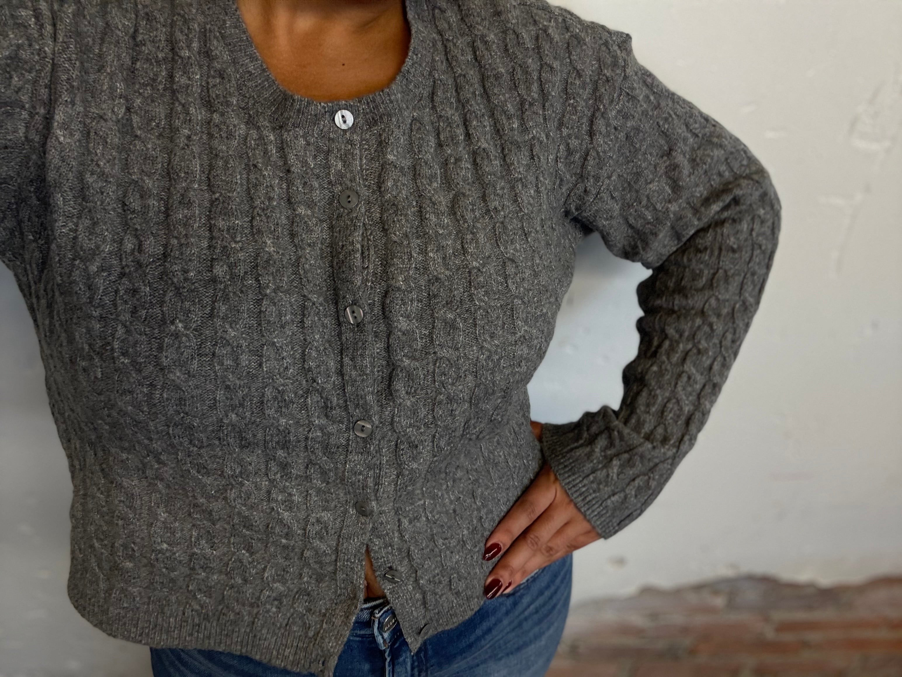 Grey Cable Knit Crew Neck Button Down Cardigan