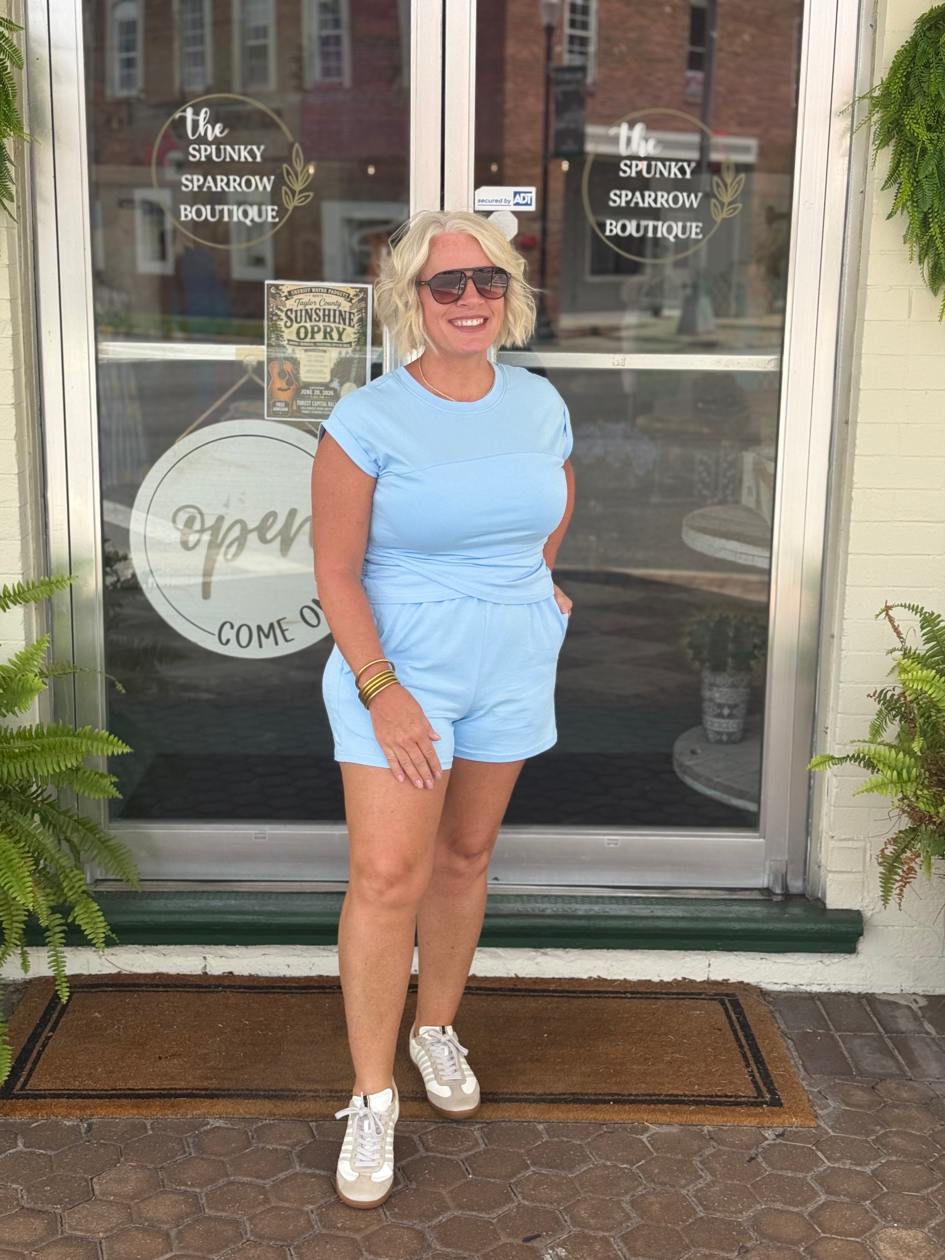 Mist Blue Crossover Cropped Tee and Shorts Lounge Set
