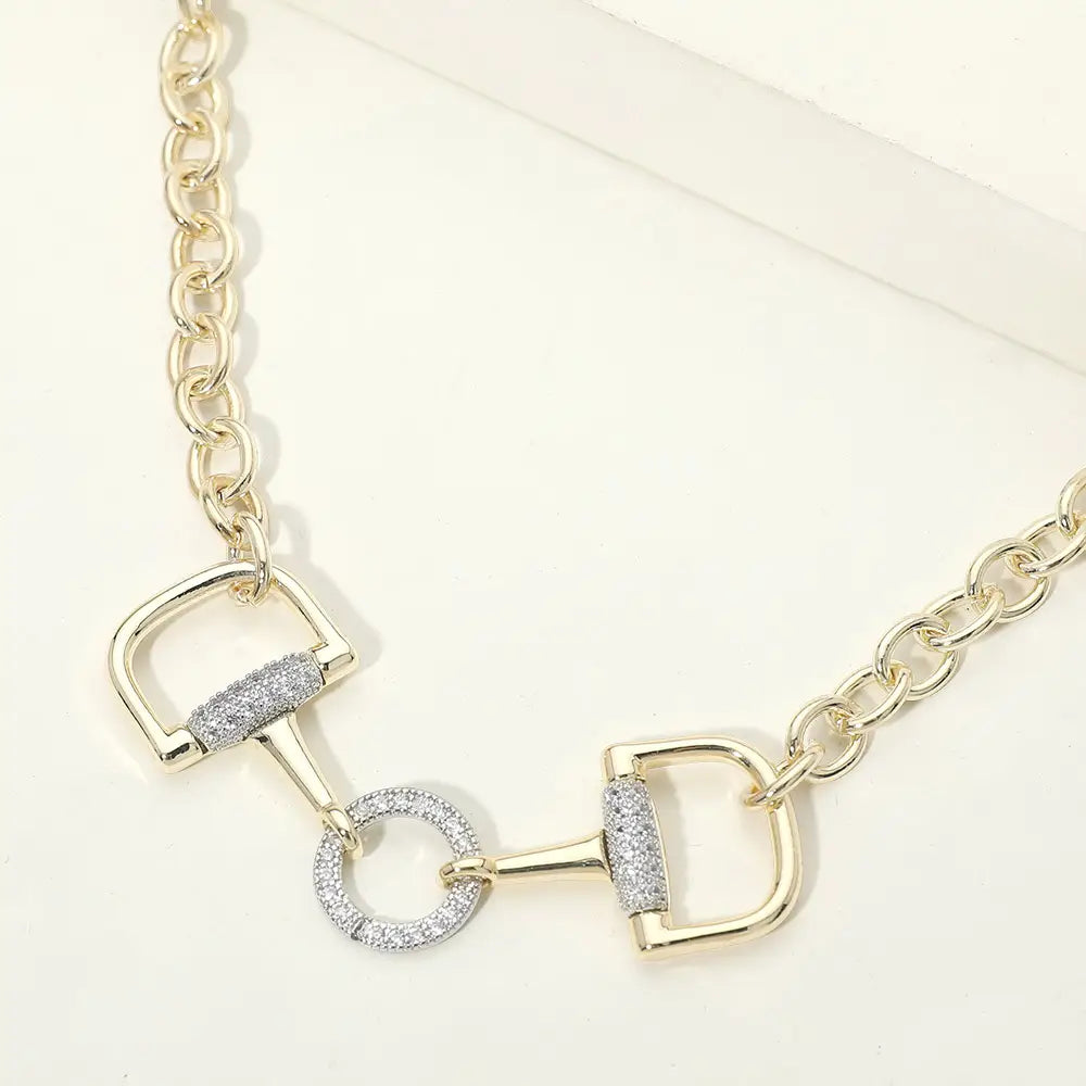 14K Gold Plated Cz Pave Horsebit Link Chain Necklace