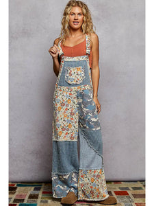 Floral Print Frayed Edge Twill Woven Overalls