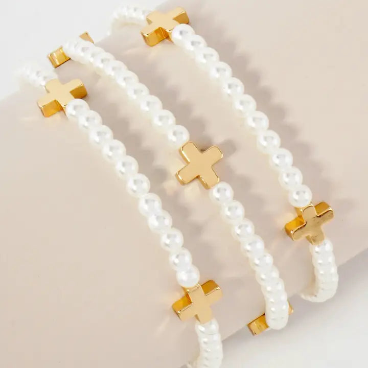 3PC-Set Metallic Beads Cross Stackable Stretch Bracelets