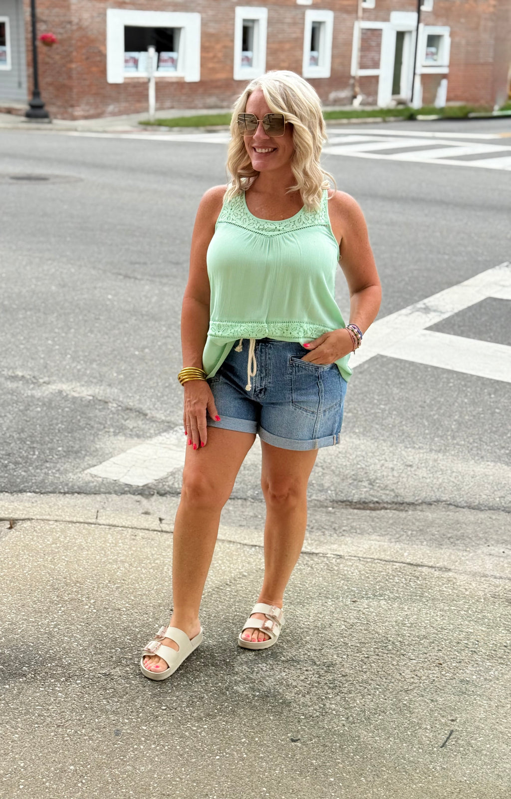 Mint Lace Yoke Sleeveless Racerback Solid Woven Top