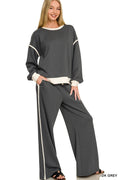 Dark Grey Contrast Piping Sweatshirts & Pants 2PC Set
