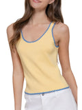 Juniors Yellow and Deep Blue Sleeveless Embroidered Sweater Top