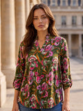 Dark Olive Ruffled Collar 3/4 Sleeve Lightweight Blouse