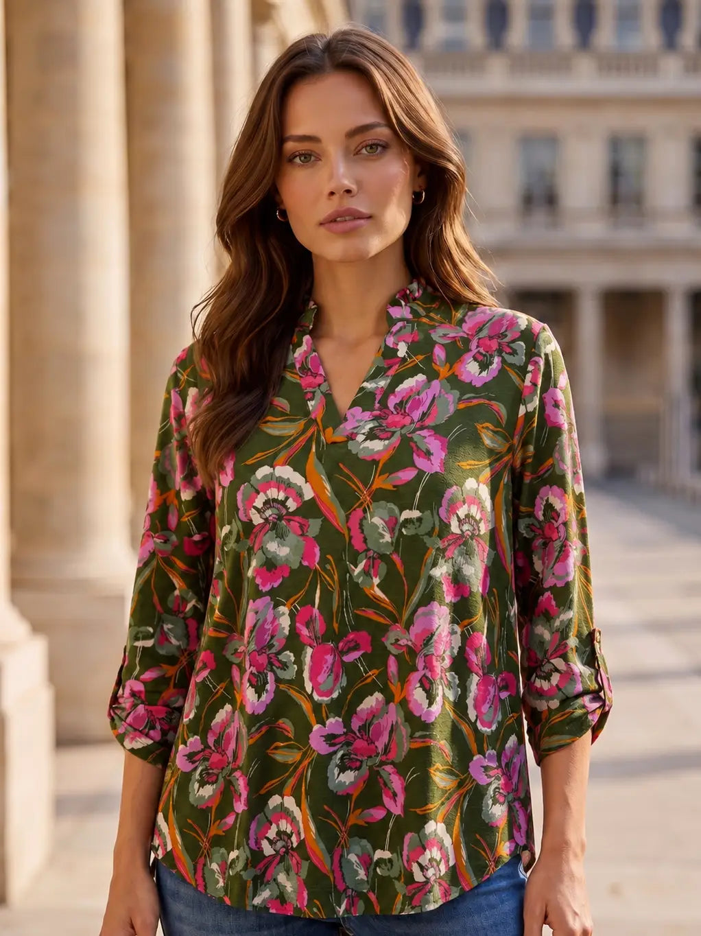 Dark Olive Ruffled Collar 3/4 Sleeve Lightweight Blouse