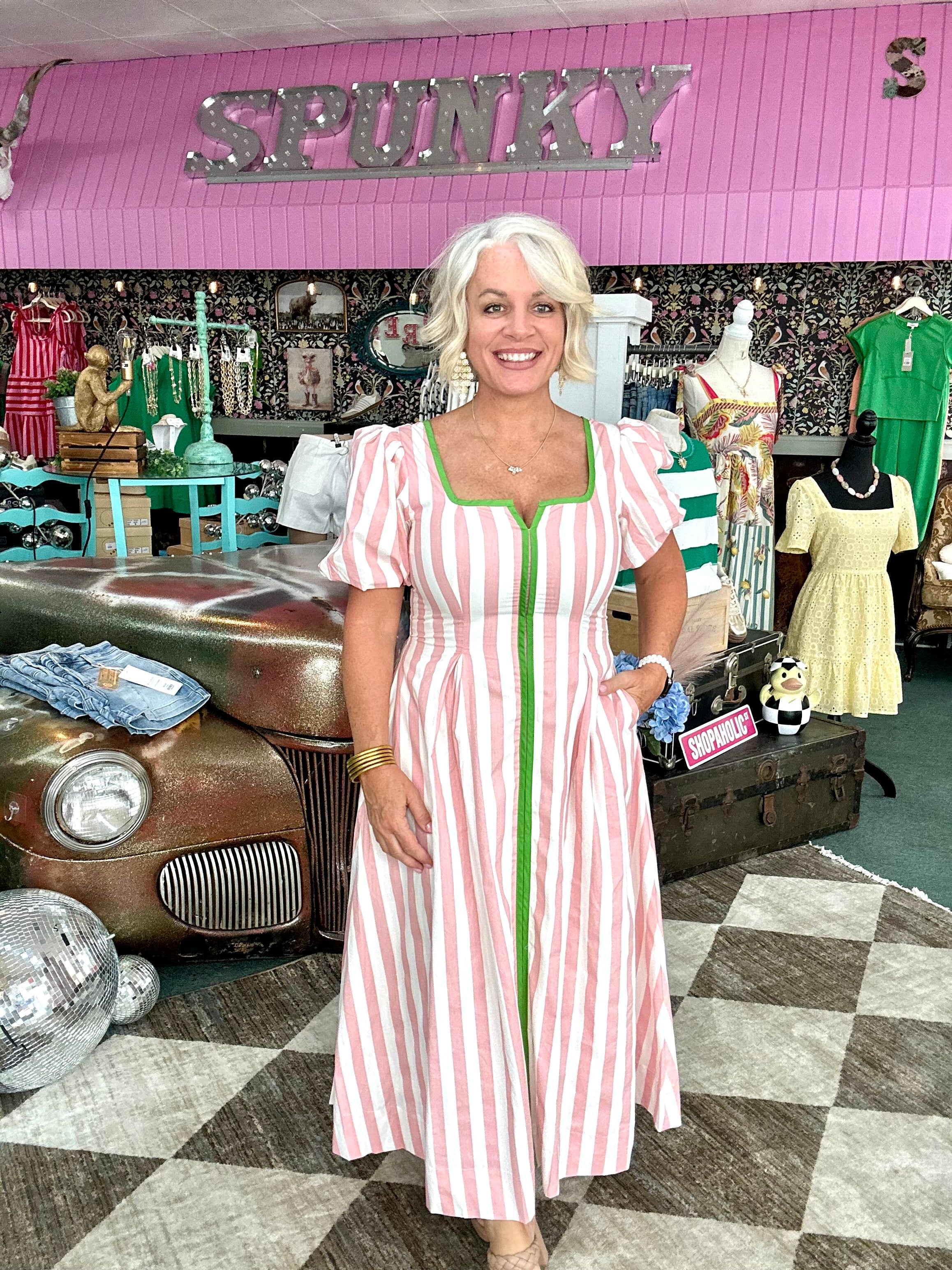 Pink Striped Contrast Square Neck Dress
